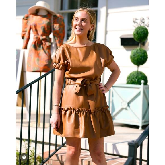 INCLAN STUDIO Millie Vegan Faux Leather Mini Dress Butterscotch Brown NEW Medium - Picture 1 of 7